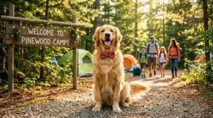 Golden retriever avec nœud papillon devant panneau camping