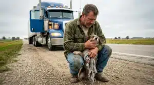 Routier tenant un petit chien près de son camion bleu