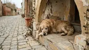 Vieux chien golden retriever couché devant maison ancienne