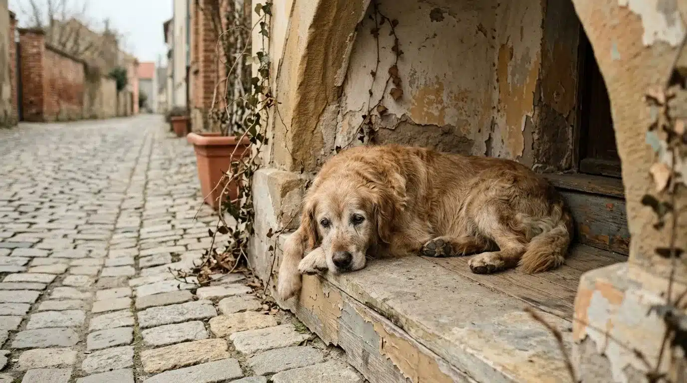 Vieux chien golden retriever couché devant maison ancienne