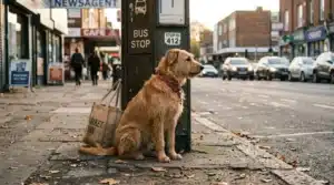 Chien roux assis à un arrêt de bus urbain avec un sac