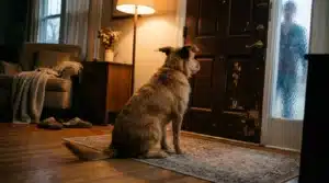 Chien assis près de la porte d'entrée, regardant dehors