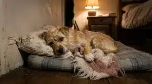Chien couché sur son lit avec couverture tricotée