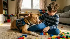 Enfant caressant un chien de service portant un harnais bleu