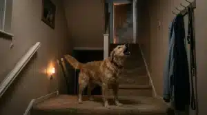 Chien brun regardant vers le haut dans un escalier éclairé