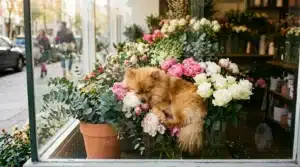 Chien roux assis parmi les fleurs en vitrine
