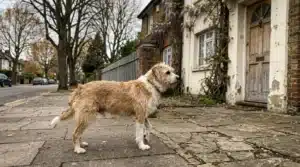 Chien doré seul sur une rue pavée avec maisons anciennes