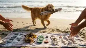 Chien jouant avec bâton sur plage entouré de trésors marins