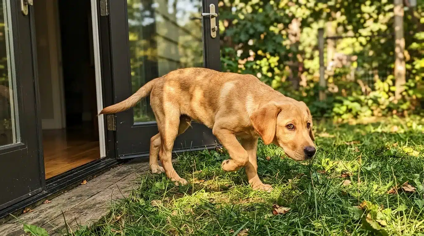 Labrador retriever doré s'apprête à sortir par une porte vitrée