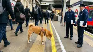 Chien roux sur quai métro avec agents de transport