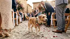 Golden retriever avec couronne florale lors cérémonie mariage