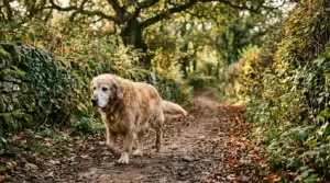 Golden Retriever âgé marchant seul sur un sentier forestier