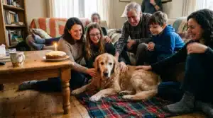 Famille réunie autour d'un golden retriever lors d'une célébration