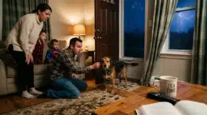 Famille avec chien observant l'orage par la fenêtre le soir