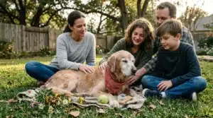 Famille de quatre personnes caressant un chien golden retriever dans un jardin
