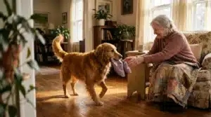 Femme senior souriante joue avec golden retriever dans salon ensoleillé