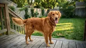 Chien roux debout sur terrasse en bois, arrière-cour verte