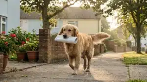 Chien Golden Retriever portant un rouleau papier blanc en rue