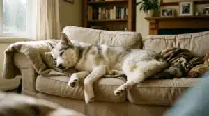 Un husky gris et blanc dort confortablement sur un canapé beige