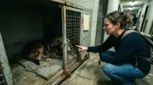 Femme caressant un chien à travers une cage de refuge
