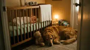 Chien roux couché près d'un berceau avec un bébé dormant