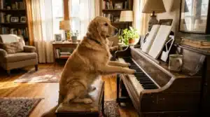 Un Golden Retriever joue du piano dans un salon élégant.