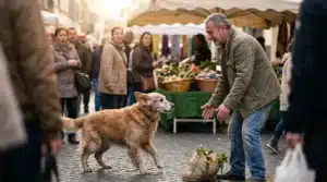 Homme avec chien au marché aux fruits et légumes