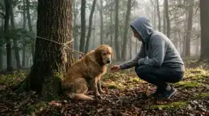 Homme accroupi caressant son chien dans une forêt brumeux