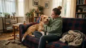 Femme caressant son chien doré sur un canapé écossais