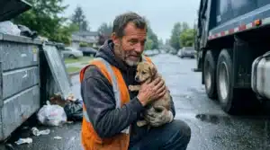 Homme en gilet orange tenant un chiot entre les camions