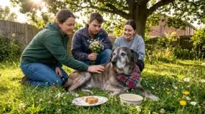Trois personnes et un chien dans un jardin ensoleillé