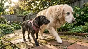 Un grand chien crème et un petit chien noir marchent ensemble dans un jardin