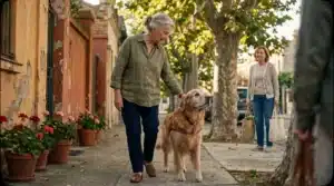 Femme âgée promenant son chien dans une rue pavée.