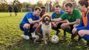Joueurs de football posant avec un chien sur terrain