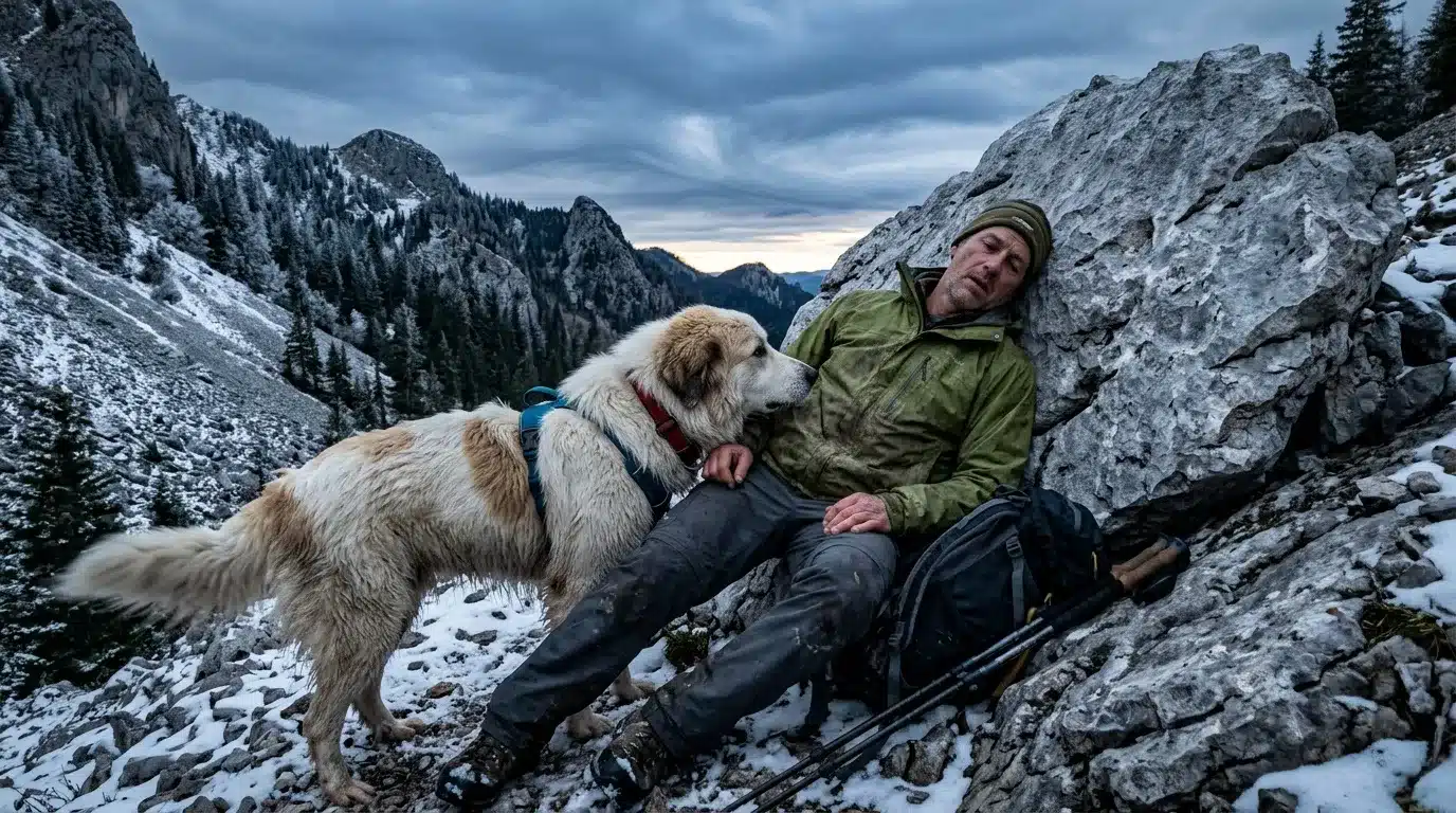 Homme et chien reposant dans les montagnes enneigées
