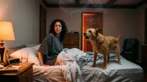 Femme sur lit face à chien debout, chambre de nuit éclairée