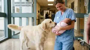 Infirmière tenant un bébé rencontre un chien blanc en maternité